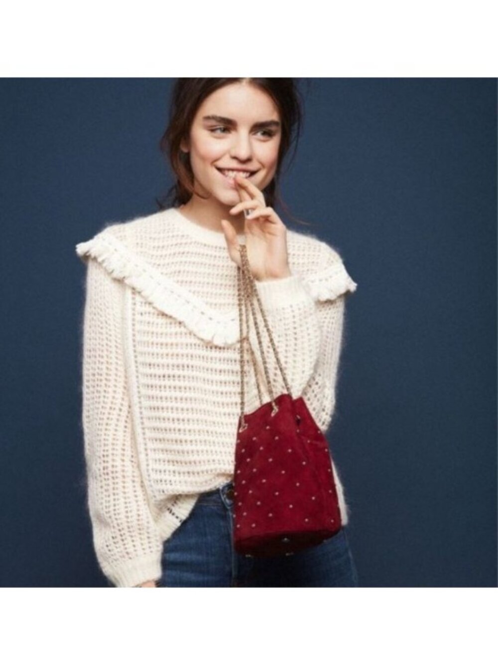 Sezane Fringe Open Knit Sweater Womens S Cream Kid Mohair Merino Wool Boho